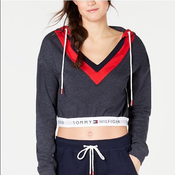Uo Tommy Hilfiger V Neck Cropped Hoodie 